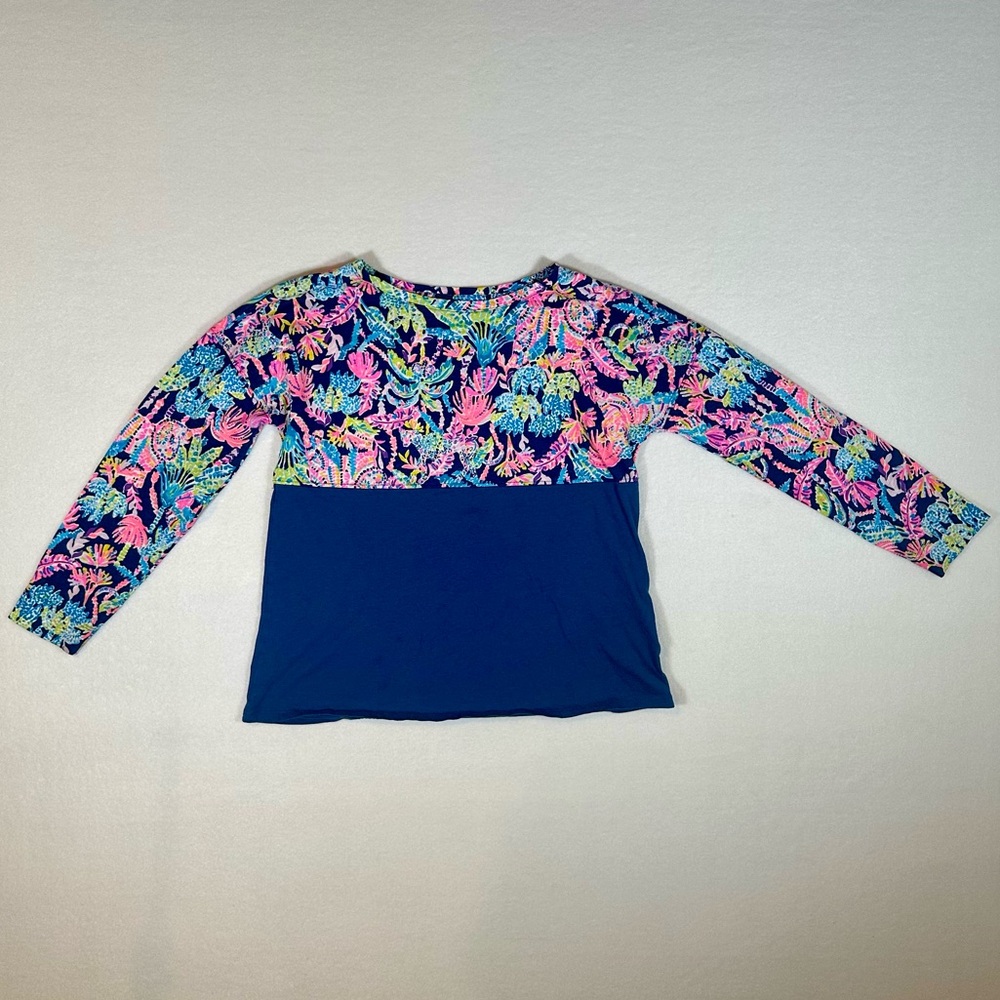 Lily Pulitzer Finn Top 100% Cotton Long Sleeves Oyster Bay Navy Girls Size Large